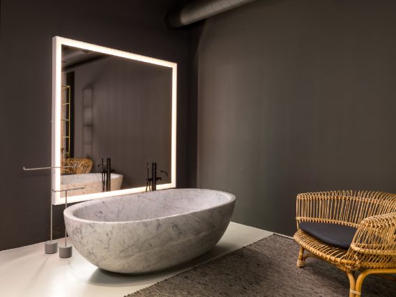 Boffi Showroom Miami marble bathtub and large mirror