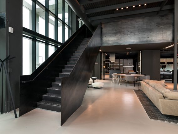 Boffi Showroom Miami steel staircase to living area