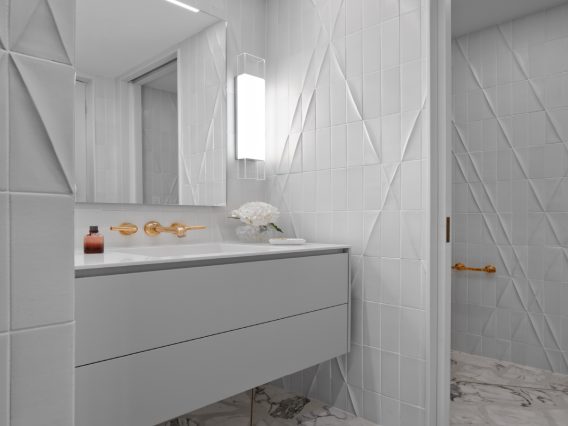 Carillon Miami residence white ceramic tile bathroom