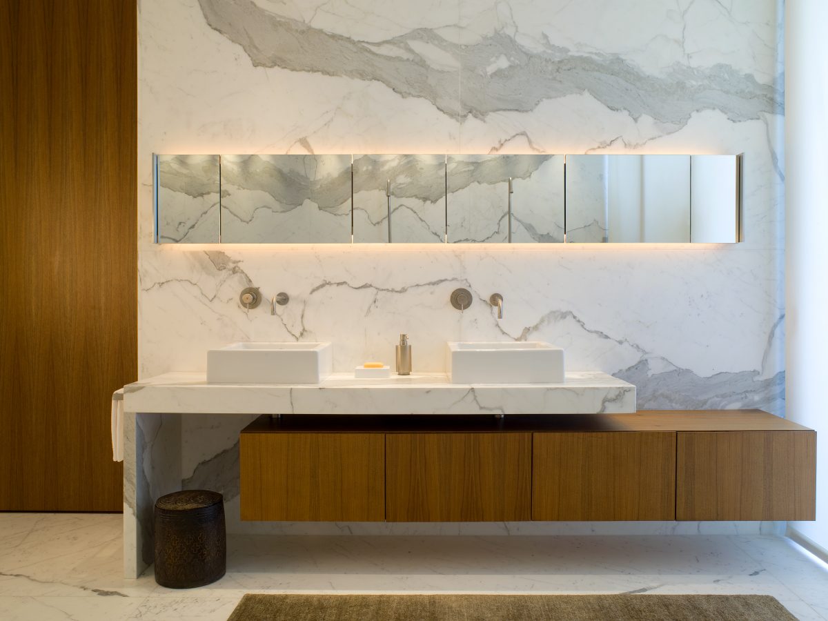 Apogee Miami residence white marble bathroom vanity
